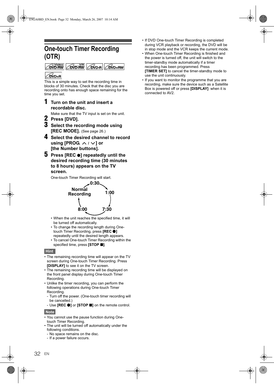 One-touch timer recording (otr) | Toshiba D-VR17KB User Manual | Page 32 / 83