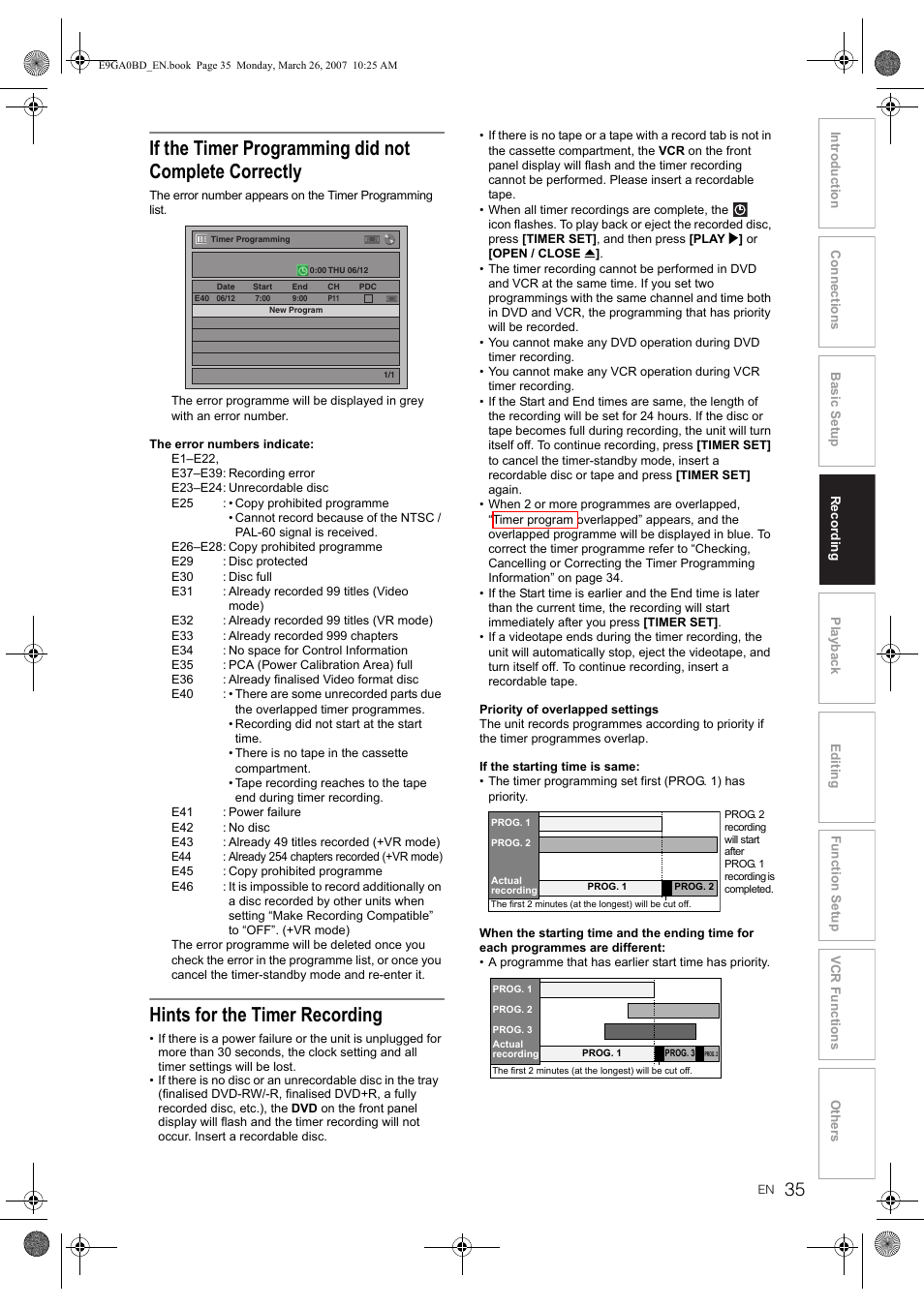 Hints for the timer recording | Toshiba D-VR17KB User Manual | Page 35 / 83