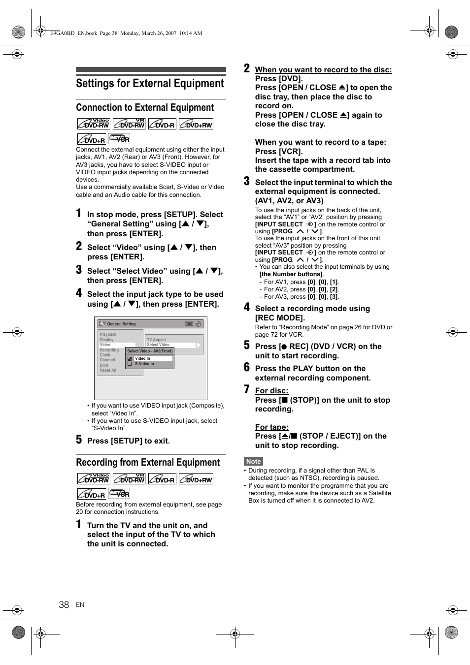 Settings for external equipment, Connection to external equipment, Recording from external equipment | Toshiba D-VR17KB User Manual | Page 38 / 83