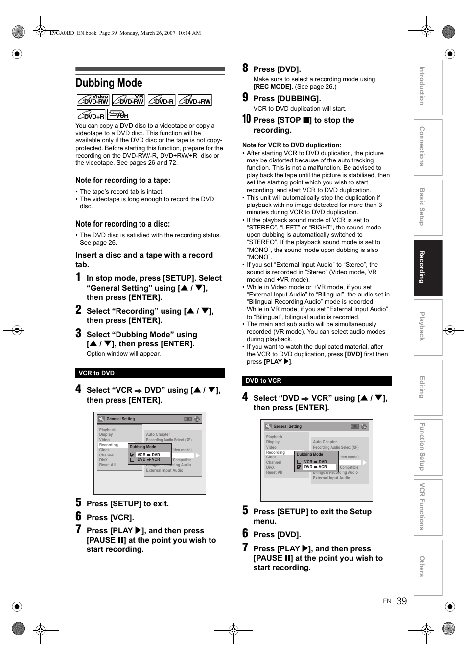 Dubbing mode | Toshiba D-VR17KB User Manual | Page 39 / 83