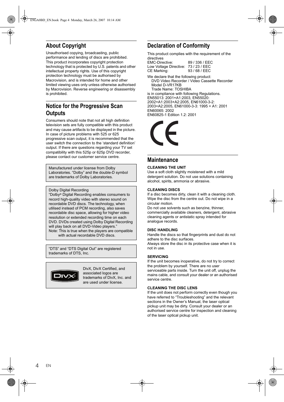 About copyright, Notice for the progressive scan outputs, Declaration of conformity | Maintenance | Toshiba D-VR17KB User Manual | Page 4 / 83