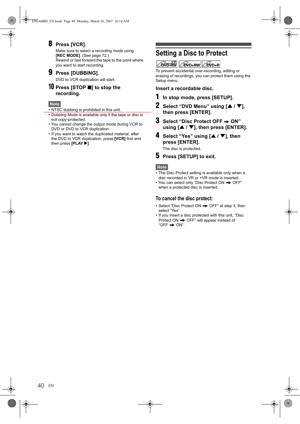 Setting a disc to protect | Toshiba D-VR17KB User Manual | Page 40 / 83