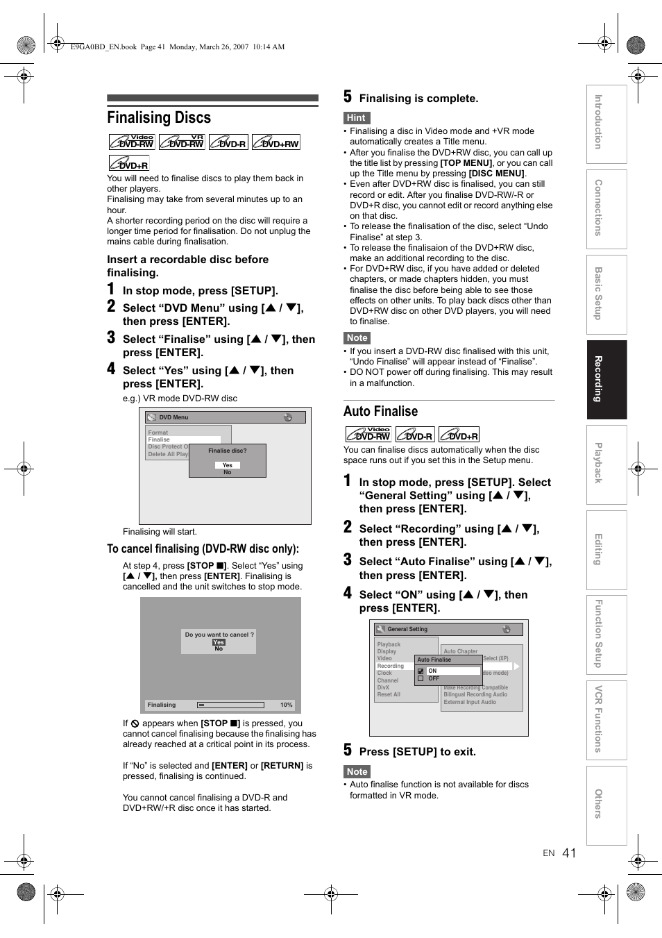 Finalising discs, Auto finalise | Toshiba D-VR17KB User Manual | Page 41 / 83