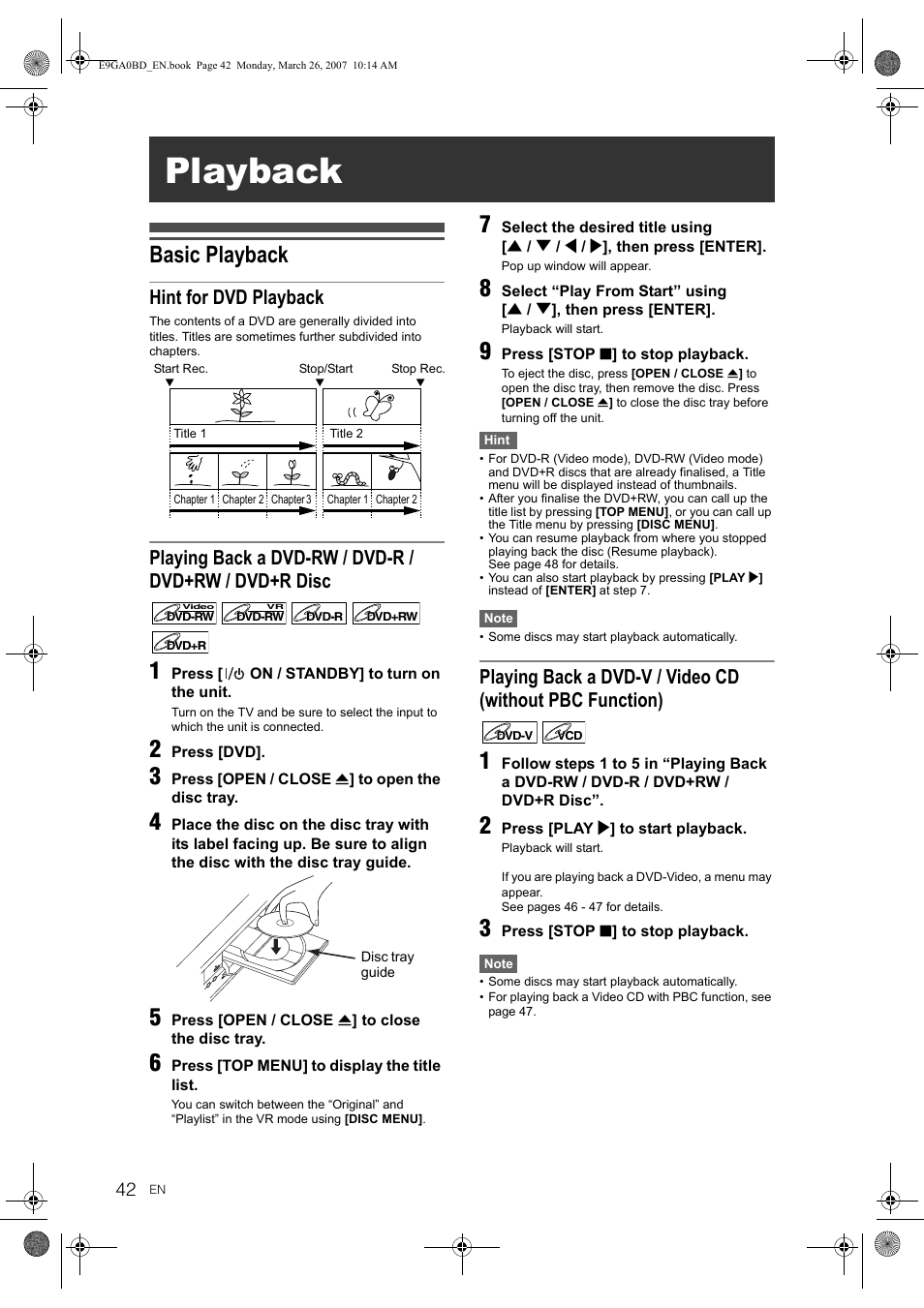 Playback, Basic playback, Hint for dvd playback | Toshiba D-VR17KB User Manual | Page 42 / 83