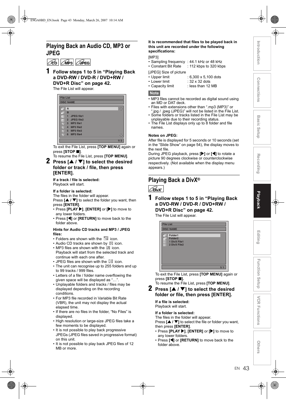 Playing back an audio cd, mp3 or jpeg, Playing back a divx | Toshiba D-VR17KB User Manual | Page 43 / 83