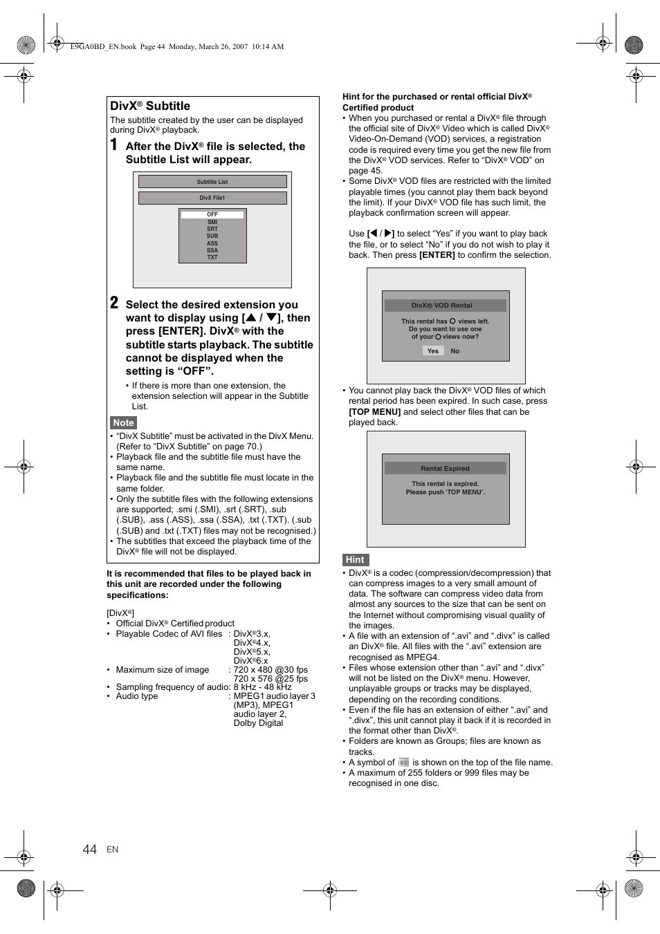 Divx, Subtitle, After the divx | File is selected, the subtitle list will appear | Toshiba D-VR17KB User Manual | Page 44 / 83