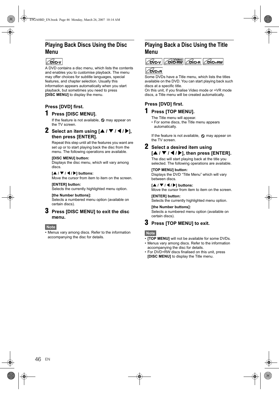 Playing back discs using the disc menu, Playing back a disc using the title menu | Toshiba D-VR17KB User Manual | Page 46 / 83