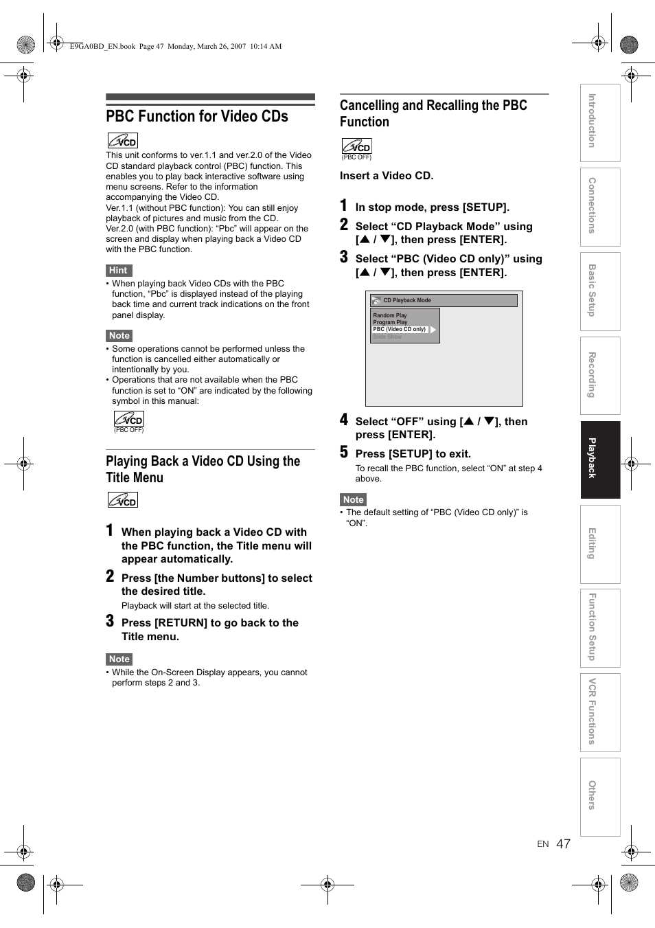 Pbc function for video cds, Playing back a video cd using the title menu, Cancelling and recalling the pbc function | Toshiba D-VR17KB User Manual | Page 47 / 83