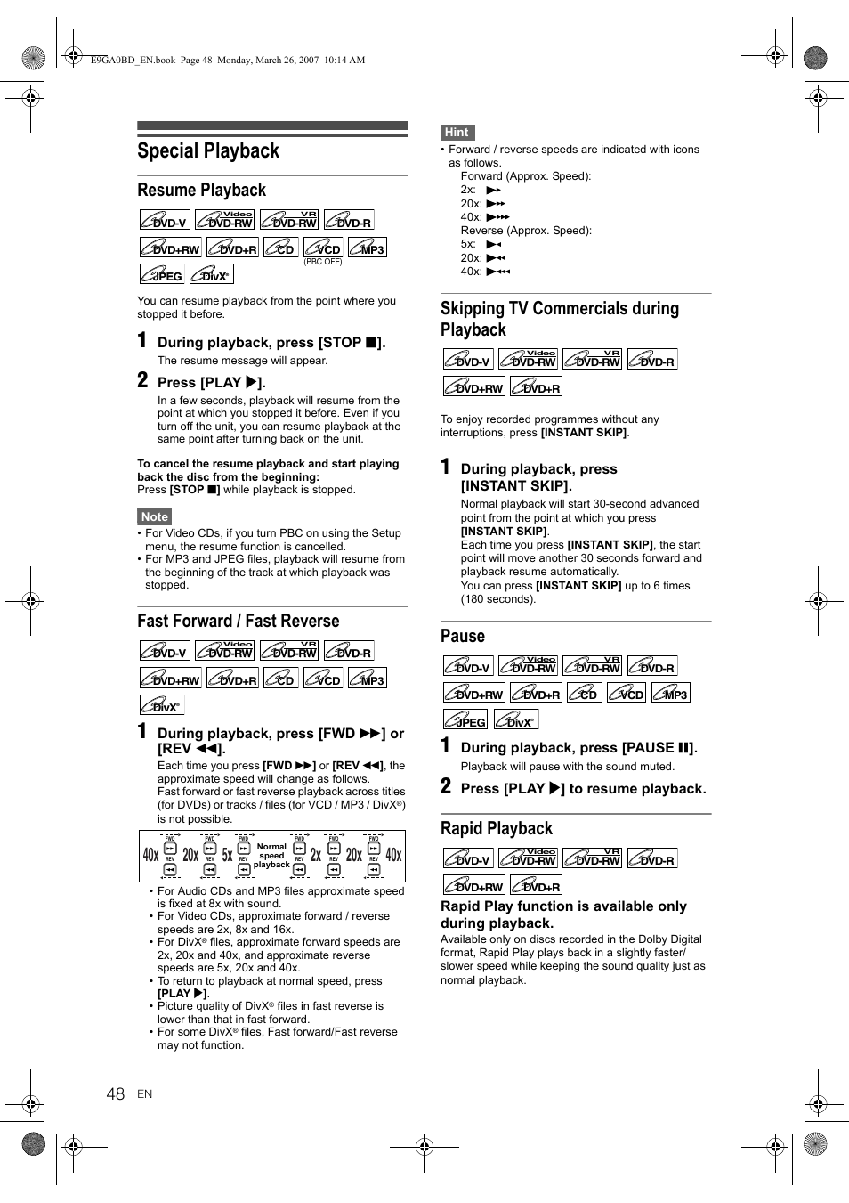 Special playback, Resume playback, Fast forward / fast reverse | Skipping tv commercials during playback, Pause, Rapid playback | Toshiba D-VR17KB User Manual | Page 48 / 83