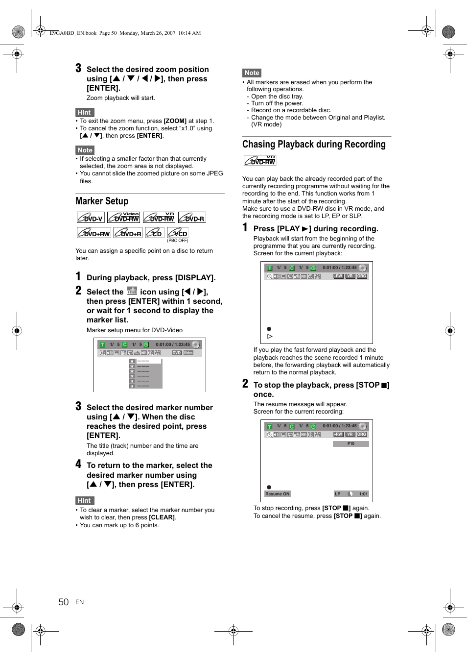 Marker setup, Chasing playback during recording | Toshiba D-VR17KB User Manual | Page 50 / 83