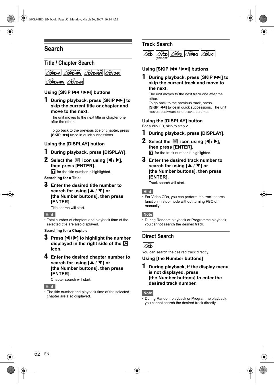 Search, Title / chapter search, Track search | Direct search | Toshiba D-VR17KB User Manual | Page 52 / 83