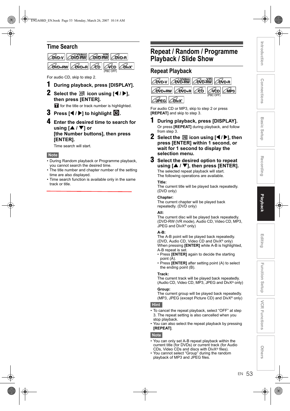 Repeat / random / programme playback / slide show, Time search, Repeat playback | Toshiba D-VR17KB User Manual | Page 53 / 83