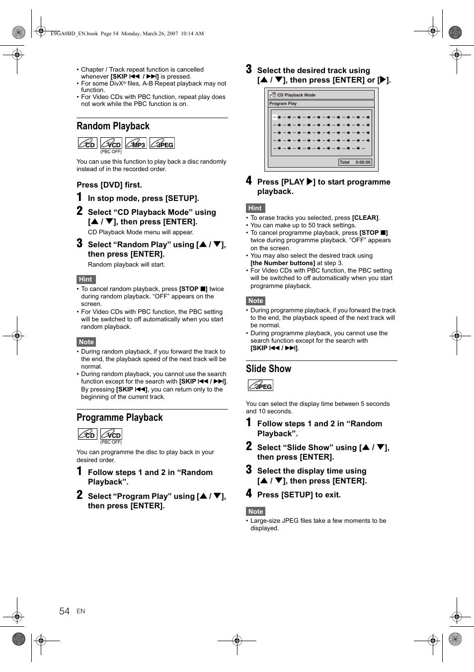 Random playback, Programme playback, Slide show | Toshiba D-VR17KB User Manual | Page 54 / 83