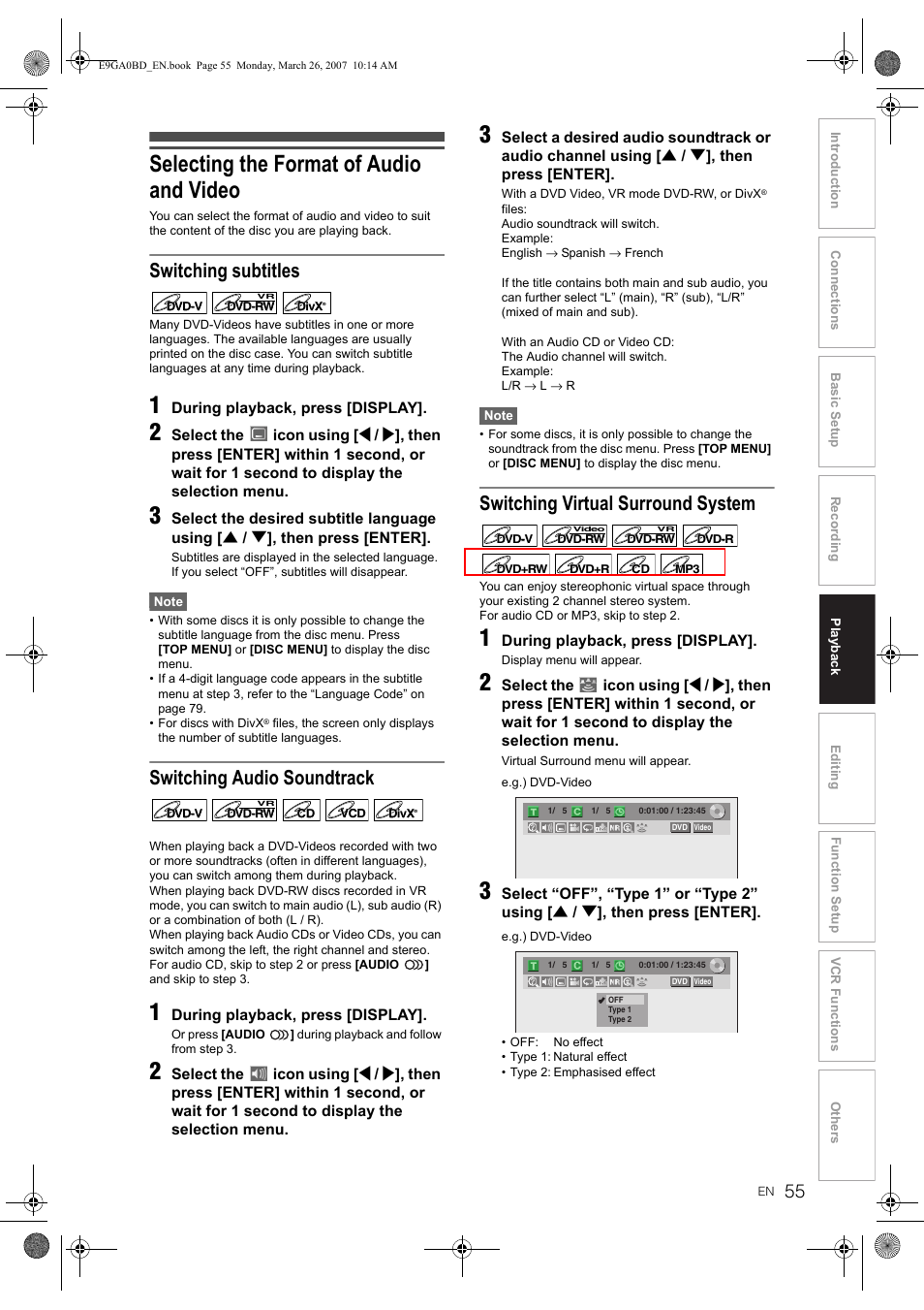 Selecting the format of audio and video, Switching subtitles, Switching audio soundtrack | Switching virtual surround system | Toshiba D-VR17KB User Manual | Page 55 / 83