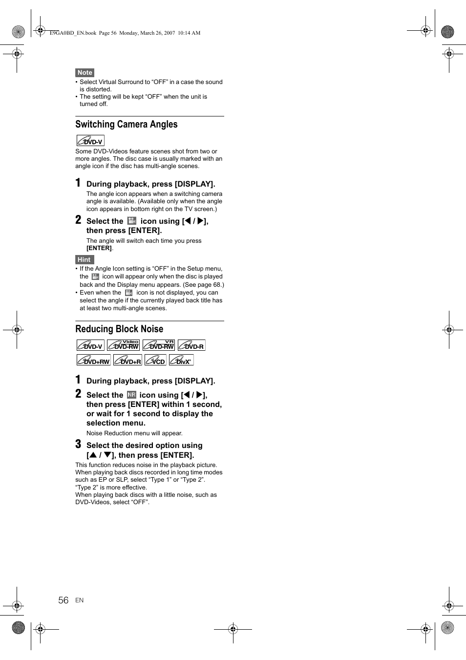 Switching camera angles, Reducing block noise | Toshiba D-VR17KB User Manual | Page 56 / 83