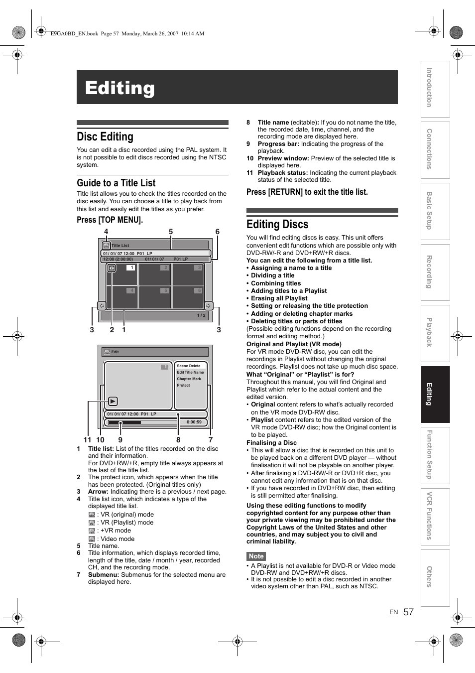 Editing, Disc editing, Editing discs | Guide to a title list, Press [top menu, Press [return] to exit the title list | Toshiba D-VR17KB User Manual | Page 57 / 83