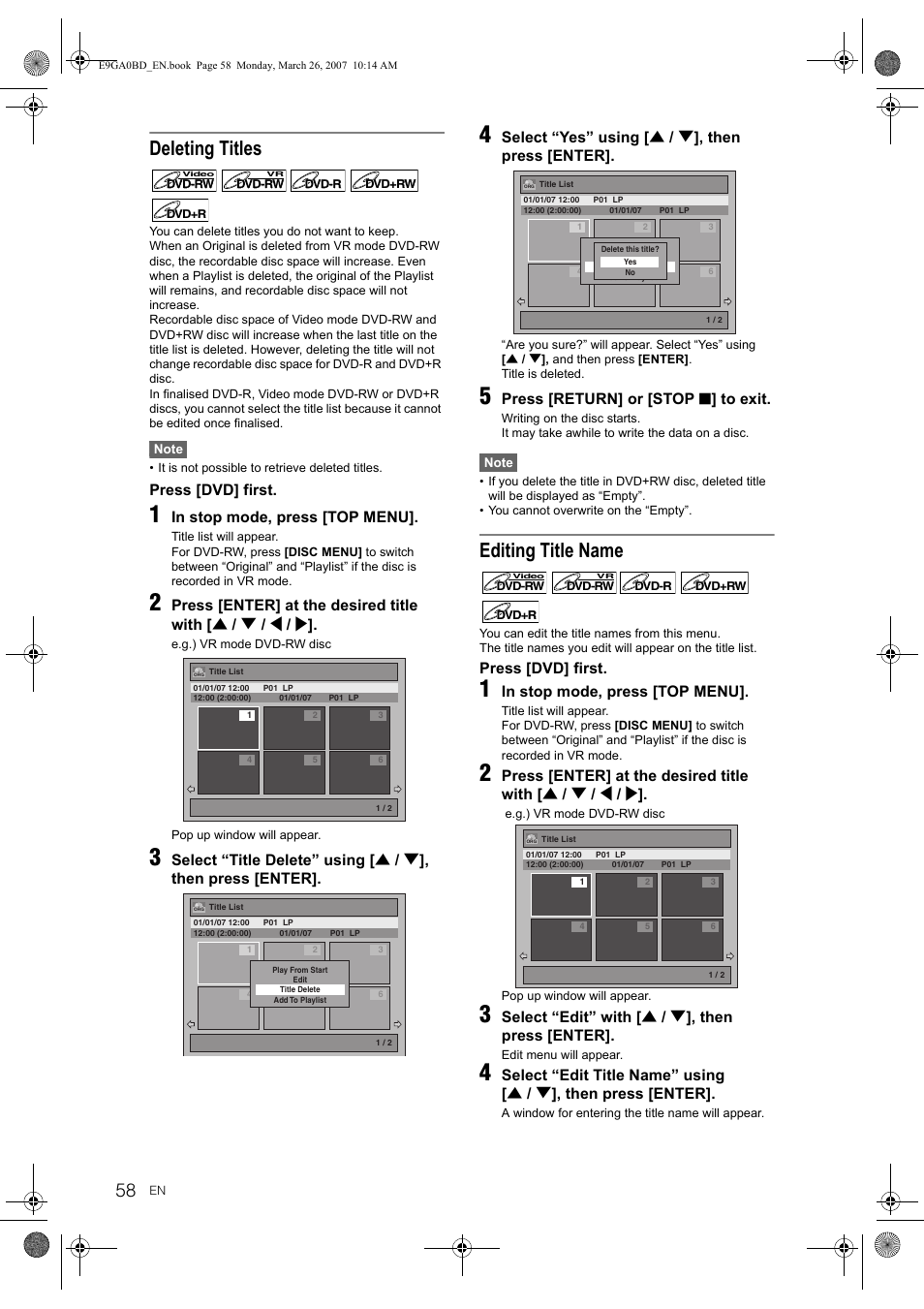 Deleting titles, Editing title name, Press [dvd] first | Select “yes” using [ u / d ], then press [enter, Press [return] or [stop s ] to exit, Select “edit” with [ u / d ], then press [enter | Toshiba D-VR17KB User Manual | Page 58 / 83