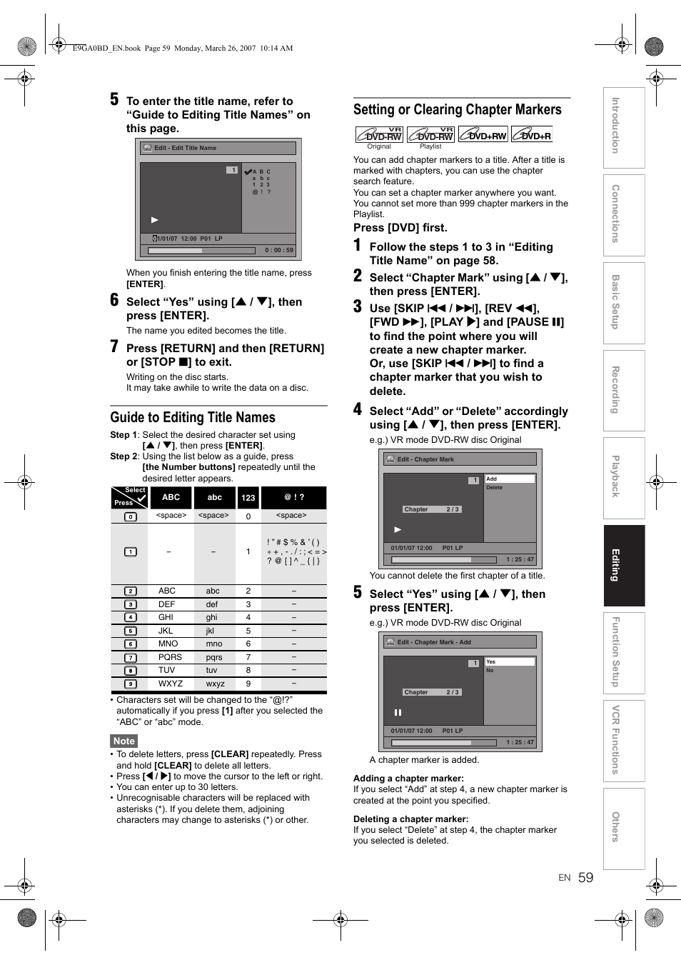 Guide to editing title names, Setting or clearing chapter markers | Toshiba D-VR17KB User Manual | Page 59 / 83