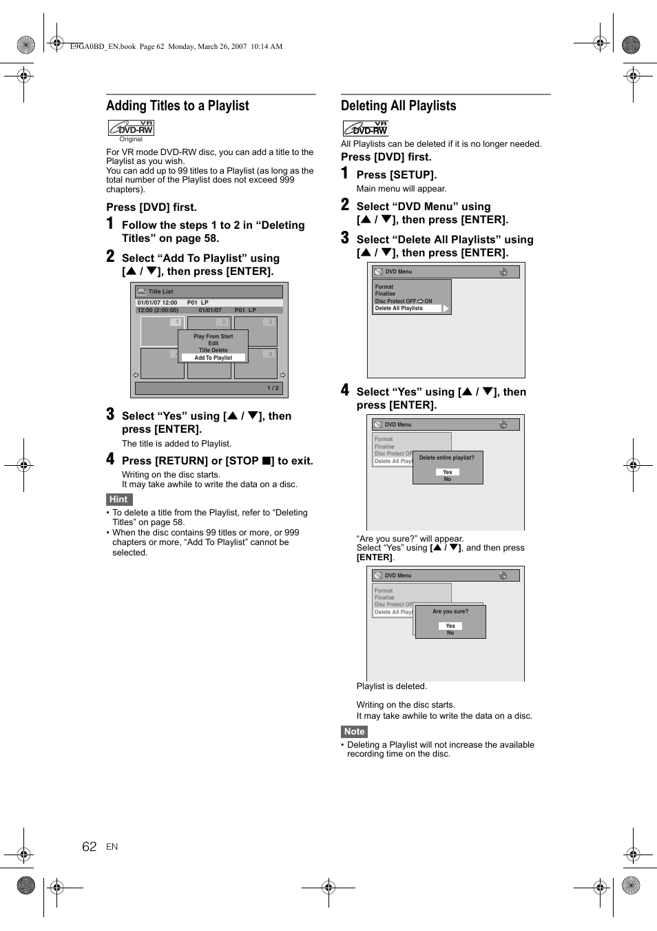 Adding titles to a playlist, Deleting all playlists | Toshiba D-VR17KB User Manual | Page 62 / 83