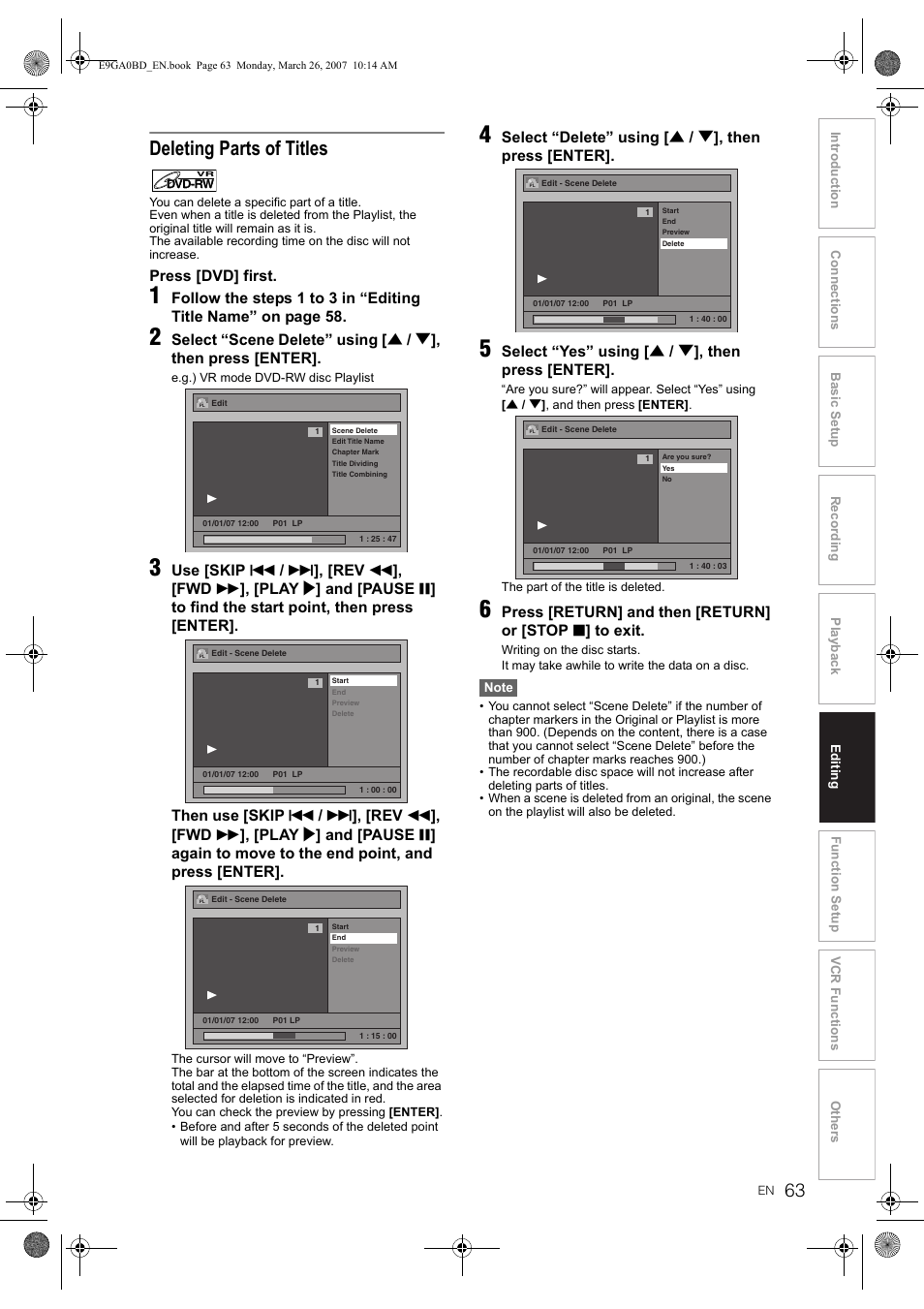 Deleting parts of titles | Toshiba D-VR17KB User Manual | Page 63 / 83