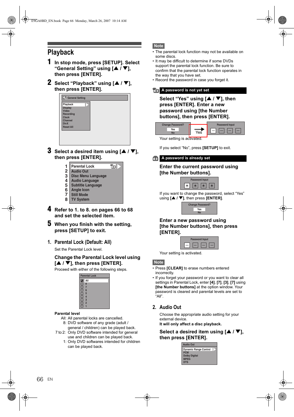Playback 1, Parental lock (default: all), Audio out | Toshiba D-VR17KB User Manual | Page 66 / 83