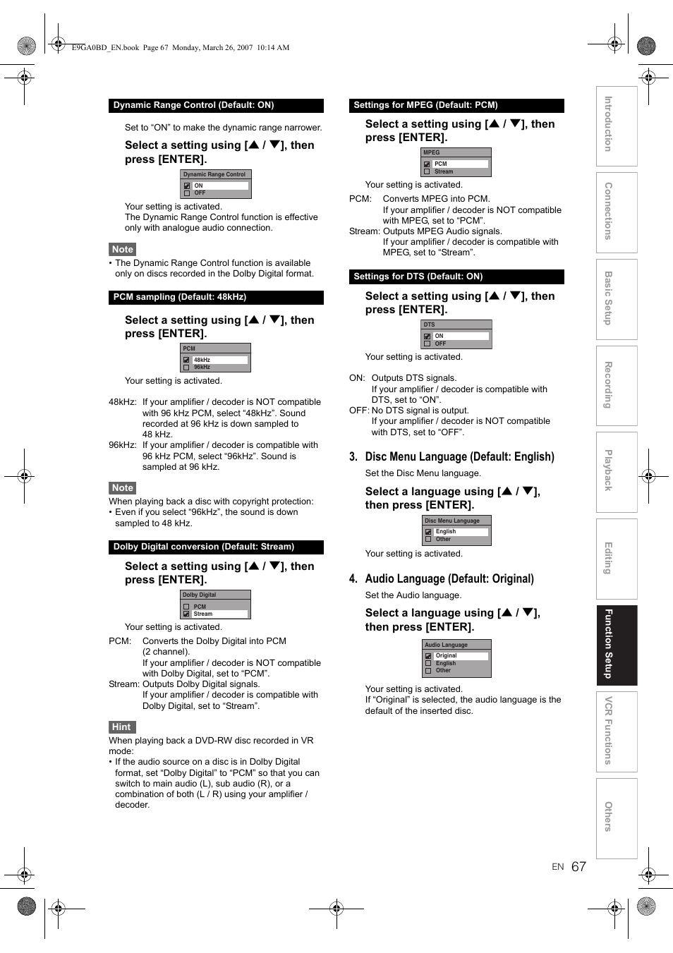 Disc menu language (default: english), Audio language (default: original) | Toshiba D-VR17KB User Manual | Page 67 / 83