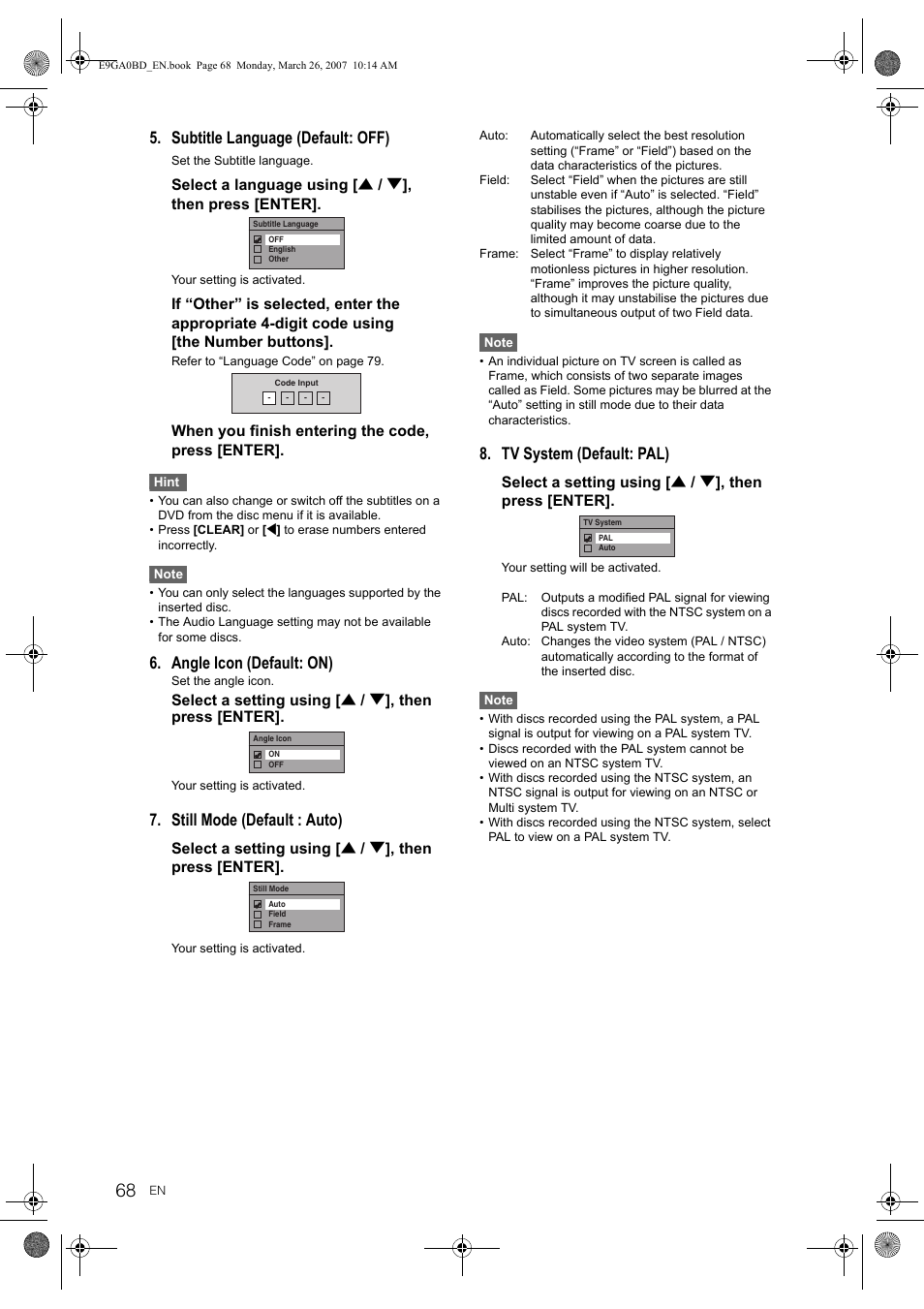 Subtitle language (default: off), Angle icon (default: on), Still mode (default : auto) | Tv system (default: pal) | Toshiba D-VR17KB User Manual | Page 68 / 83