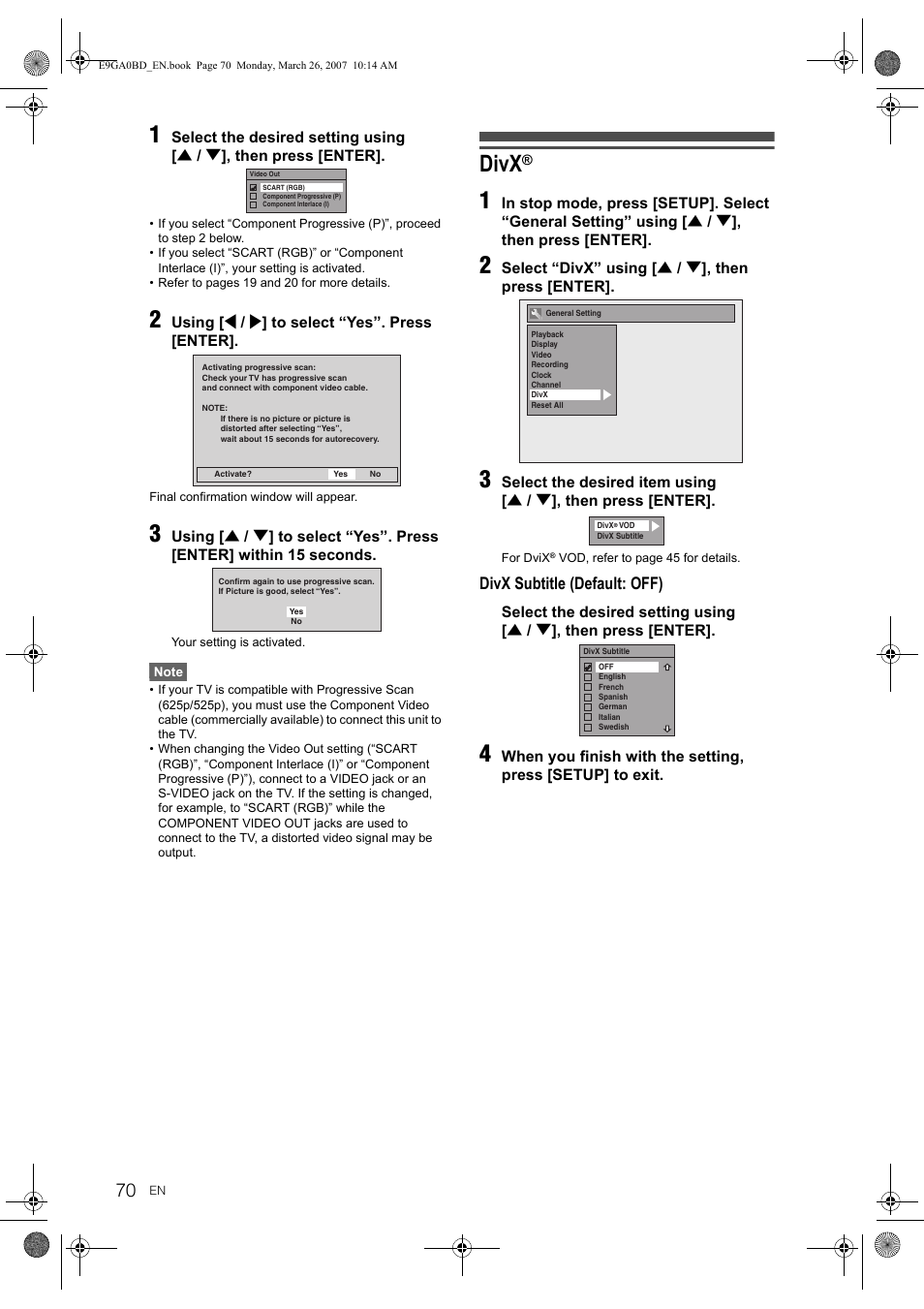 Divx, Divx subtitle (default: off) | Toshiba D-VR17KB User Manual | Page 70 / 83