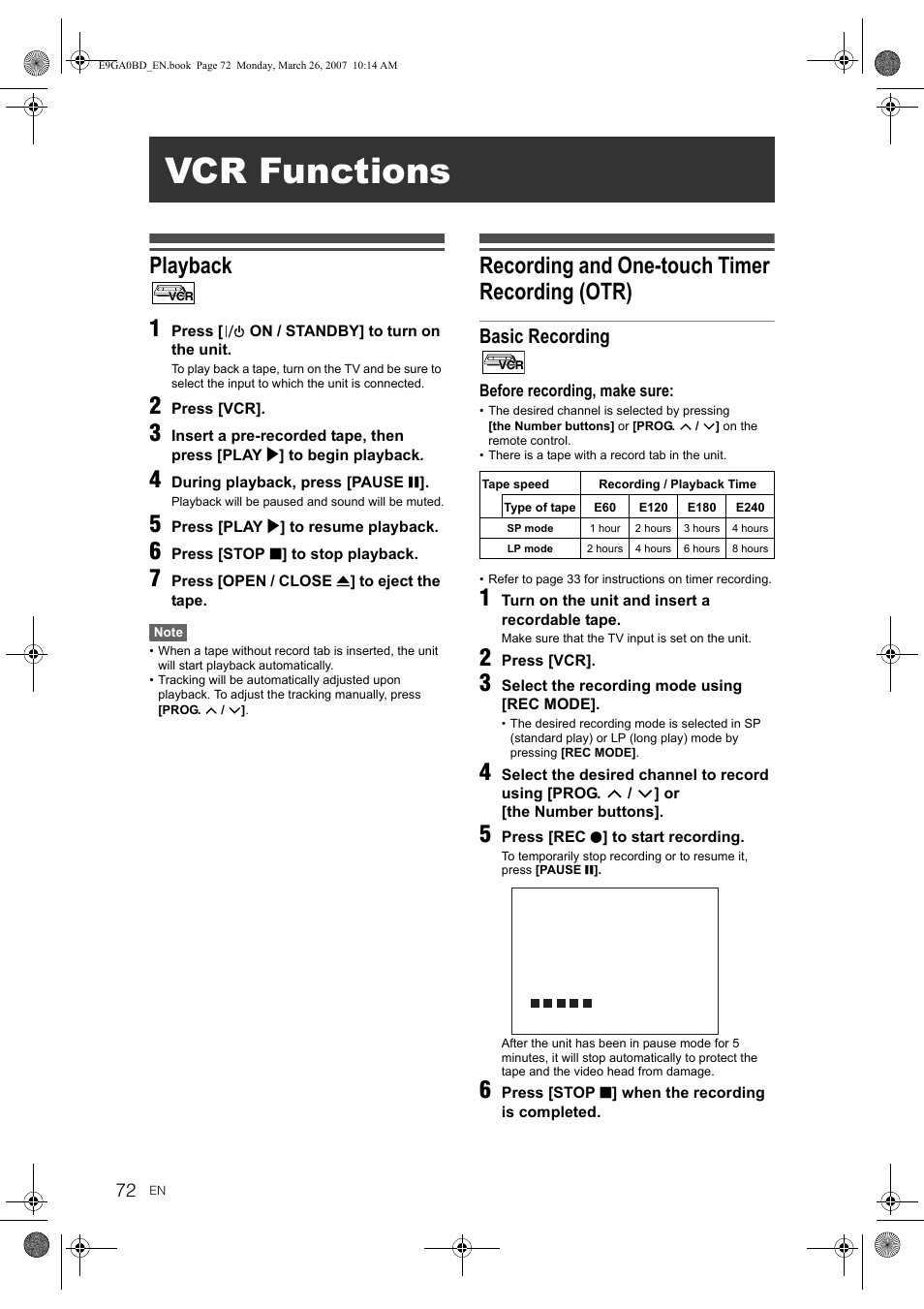 Vcr functions, Playback 1, Recording and one-touch timer recording (otr) | Basic recording | Toshiba D-VR17KB User Manual | Page 72 / 83