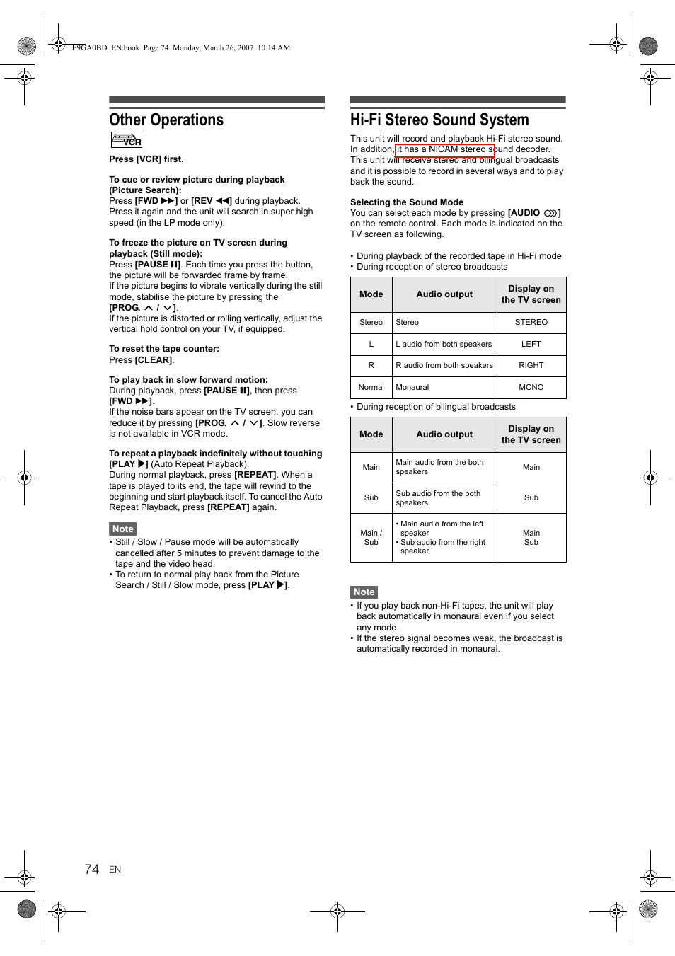 Other operations, Hi-fi stereo sound system | Toshiba D-VR17KB User Manual | Page 74 / 83