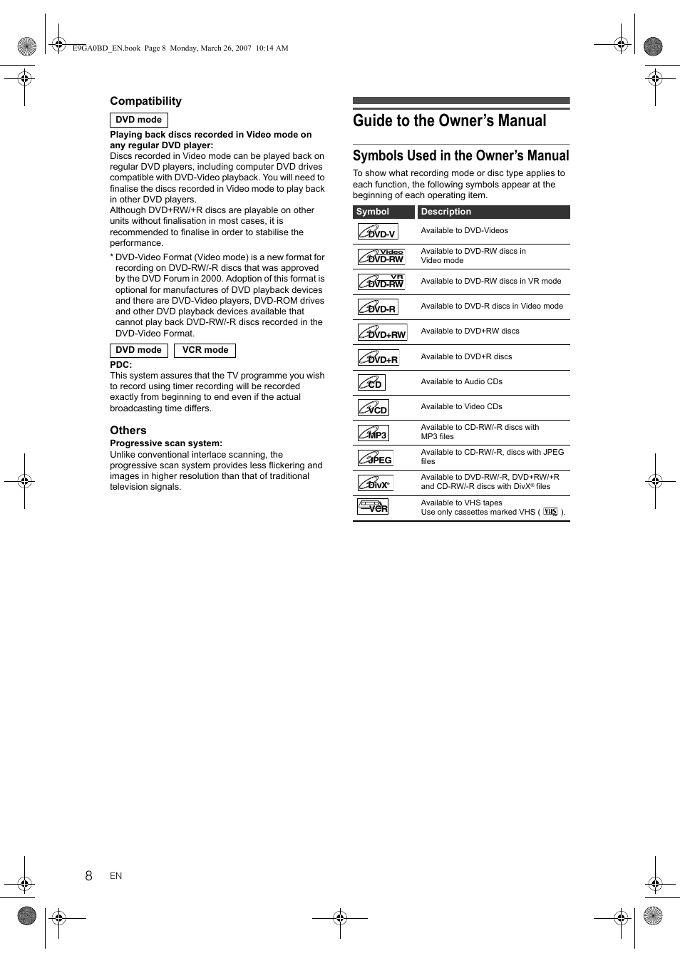 Guide to the owner’s manual, Symbols used in the owner’s manual | Toshiba D-VR17KB User Manual | Page 8 / 83