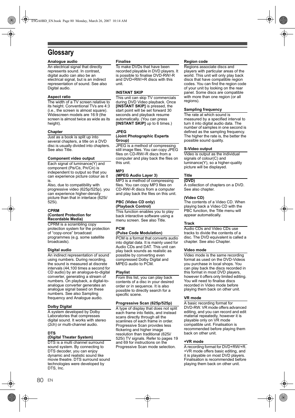 Glossary | Toshiba D-VR17KB User Manual | Page 80 / 83