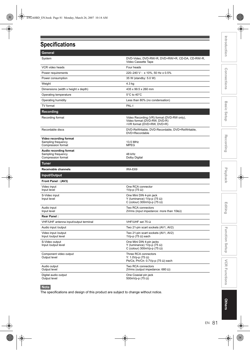 Specifications | Toshiba D-VR17KB User Manual | Page 81 / 83