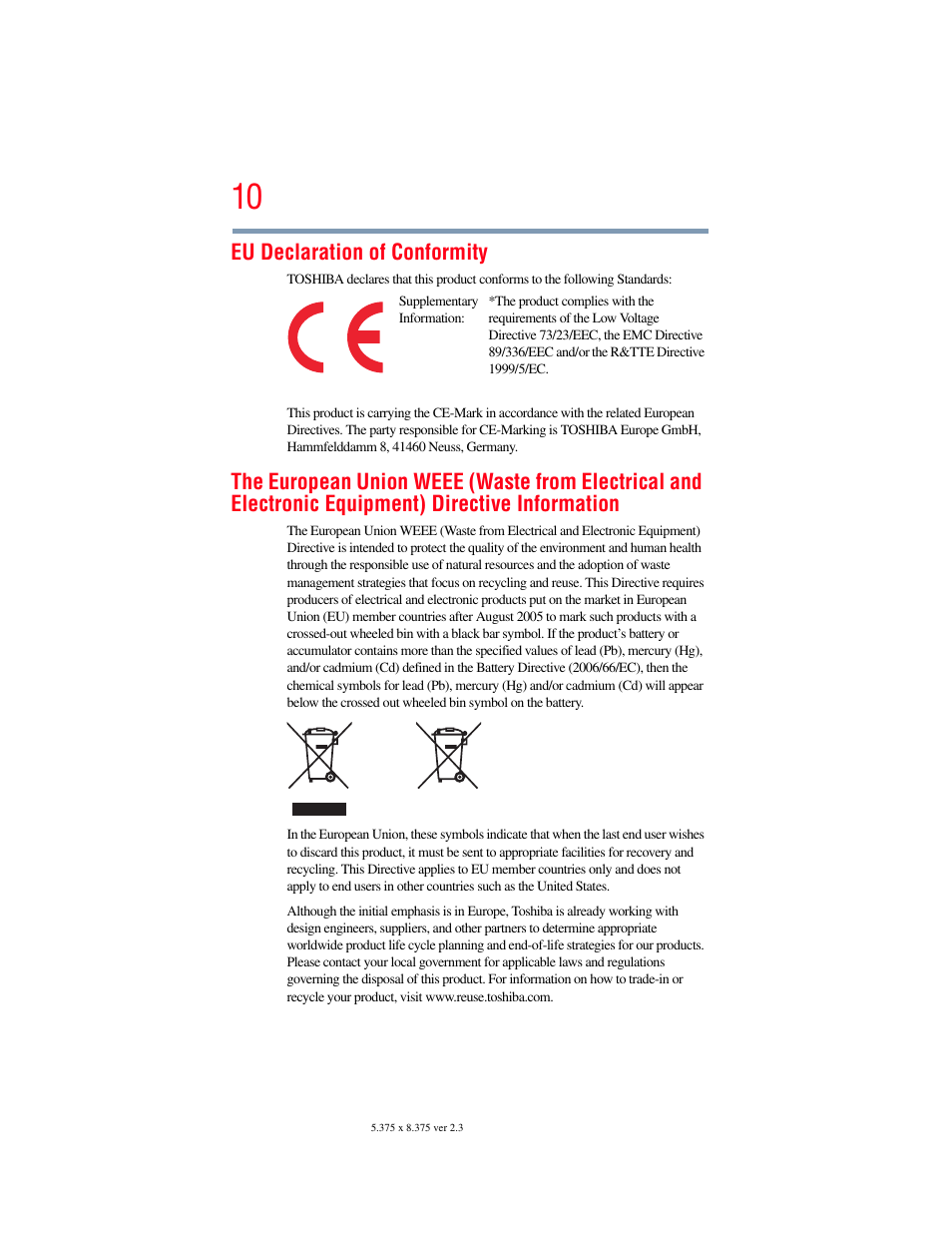 Eu declaration of conformity | Toshiba SATELLITE P500 User Manual | Page 10 / 254
