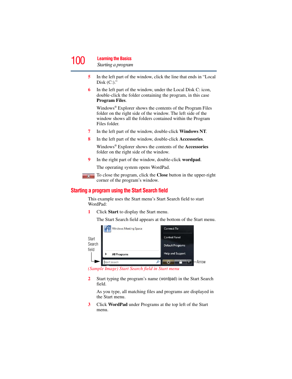 Starting a program using the start search field, Starting a program using the start, Search field | Toshiba SATELLITE P500 User Manual | Page 100 / 254