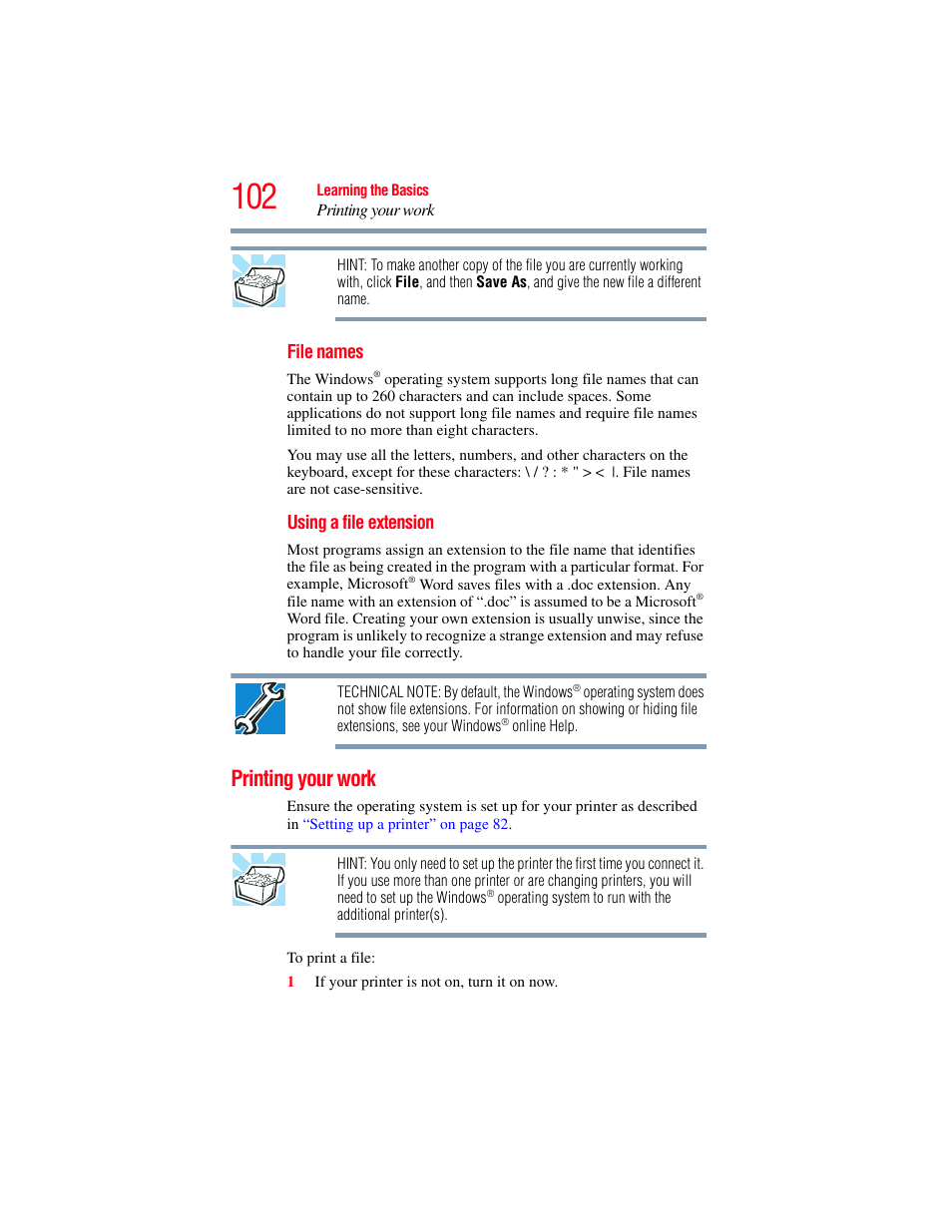 Printing your work | Toshiba SATELLITE P500 User Manual | Page 102 / 254