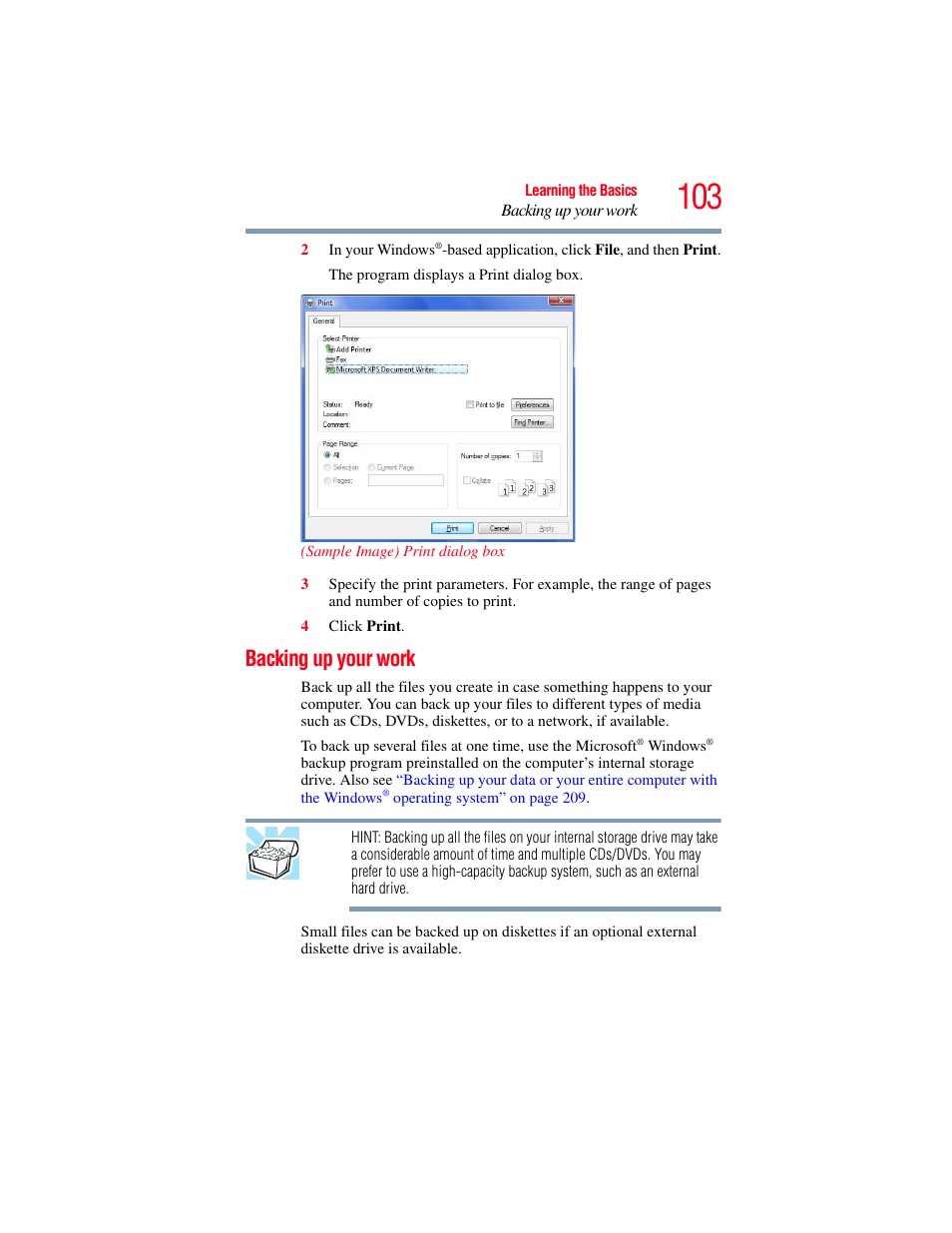 Backing up your work | Toshiba SATELLITE P500 User Manual | Page 103 / 254