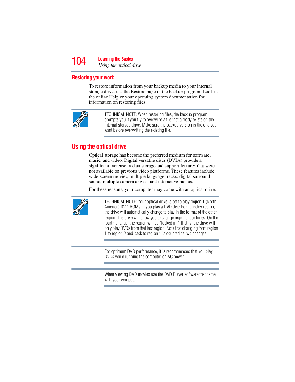 Restoring your work, Using the optical drive | Toshiba SATELLITE P500 User Manual | Page 104 / 254