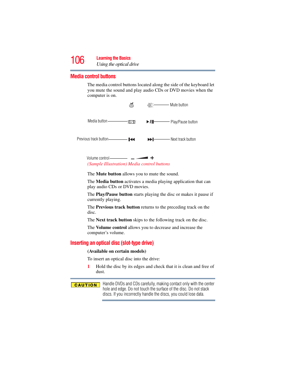 Media control buttons, Inserting an optical disc (slot-type drive), Odels), see | Inserting an optical disc (slot-type | Toshiba SATELLITE P500 User Manual | Page 106 / 254