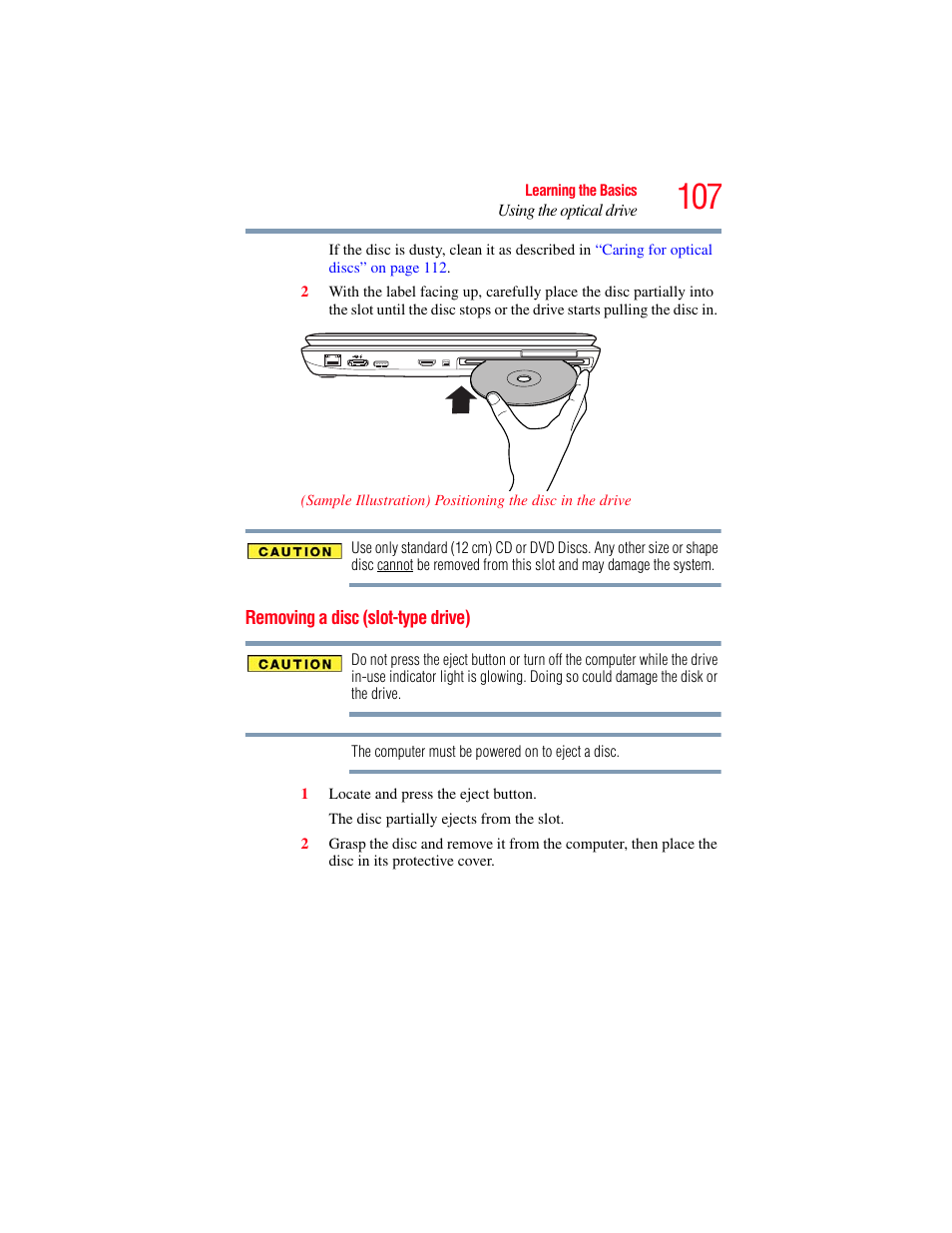 Removing a disc (slot-type drive) | Toshiba SATELLITE P500 User Manual | Page 107 / 254