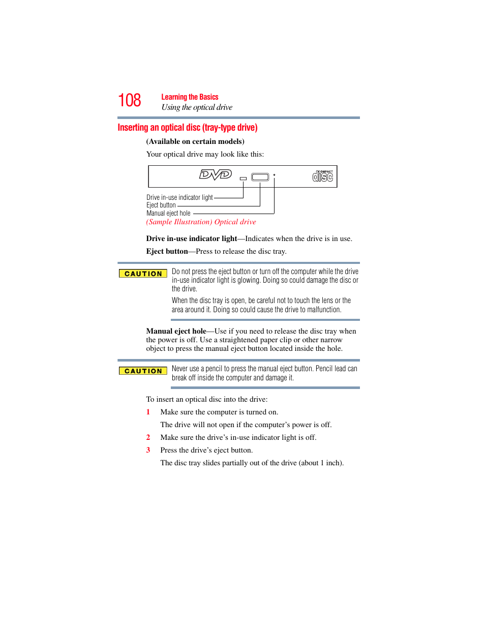 Inserting an optical disc (tray-type drive), Inserting an optical disc | Toshiba SATELLITE P500 User Manual | Page 108 / 254