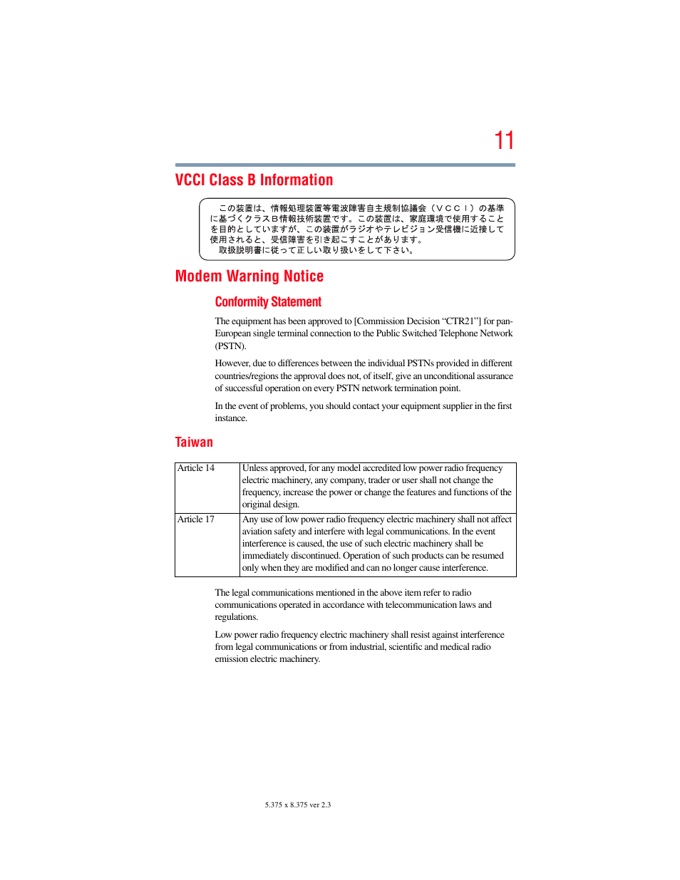 Vcci class b information modem warning notice | Toshiba SATELLITE P500 User Manual | Page 11 / 254