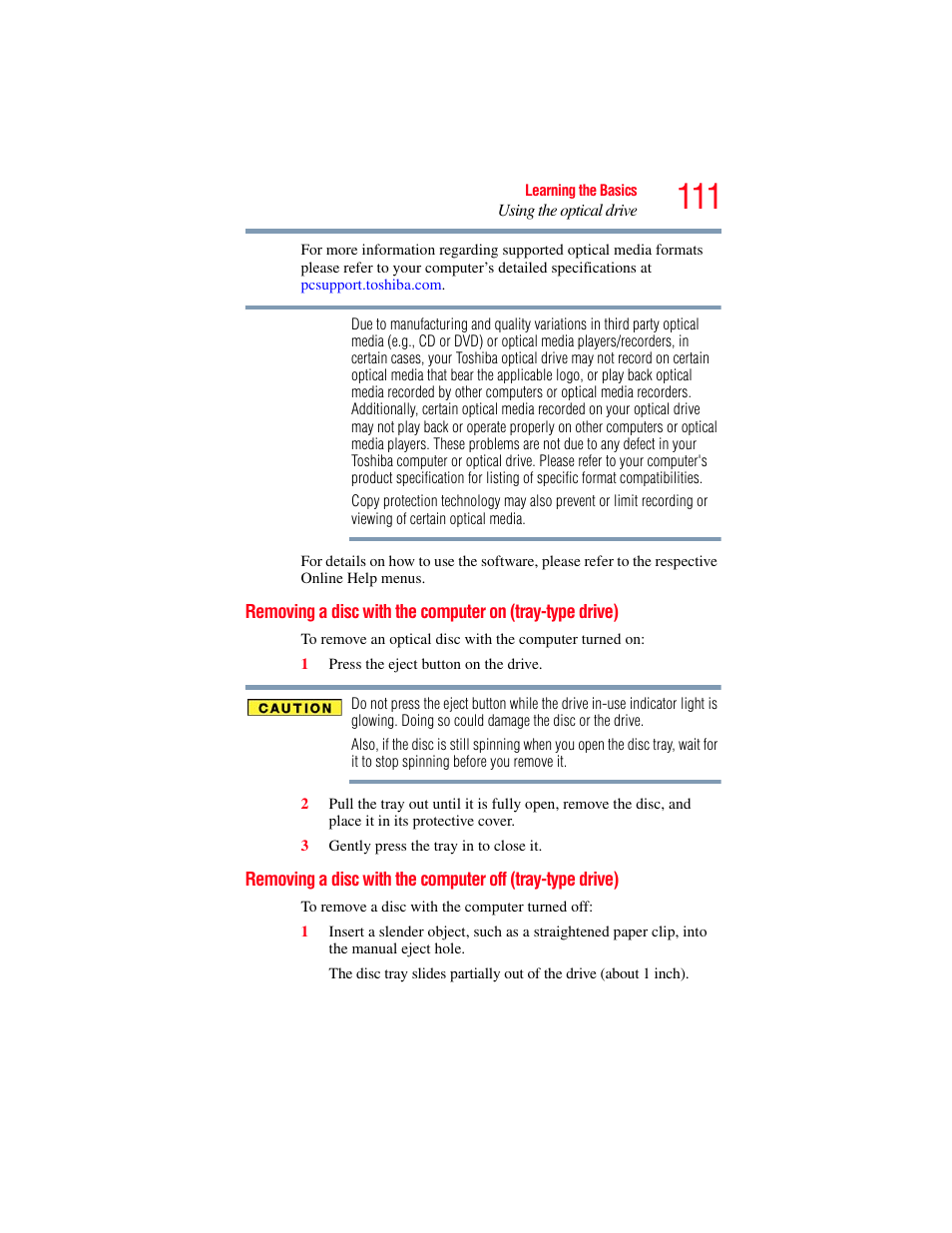 Removing a disc with the computer on, Tray-type drive), Removing a disc with the computer off | Toshiba SATELLITE P500 User Manual | Page 111 / 254