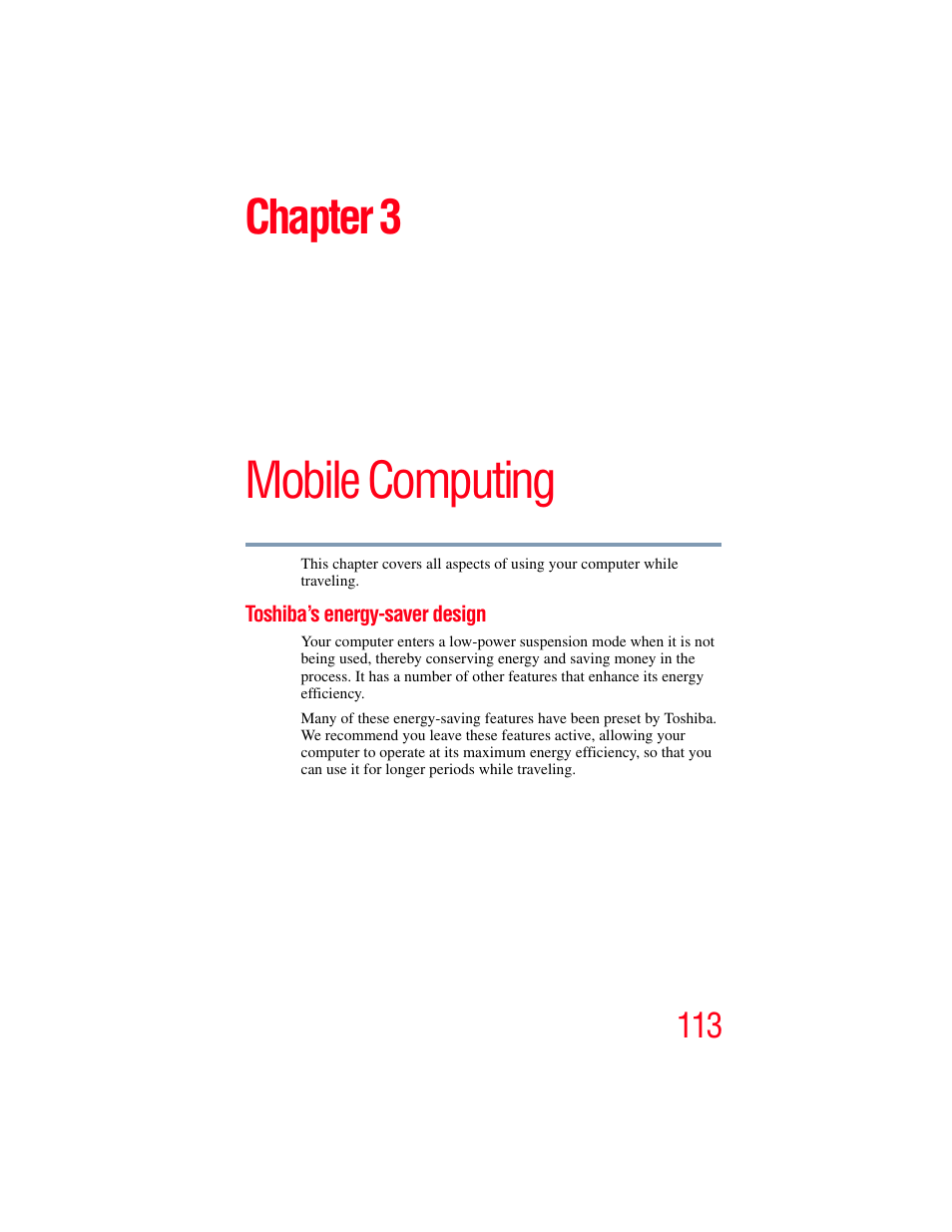 Chapter 3: mobile computing, Toshiba’s energy-saver design, Mobile computing | Chapter 3 | Toshiba SATELLITE P500 User Manual | Page 113 / 254