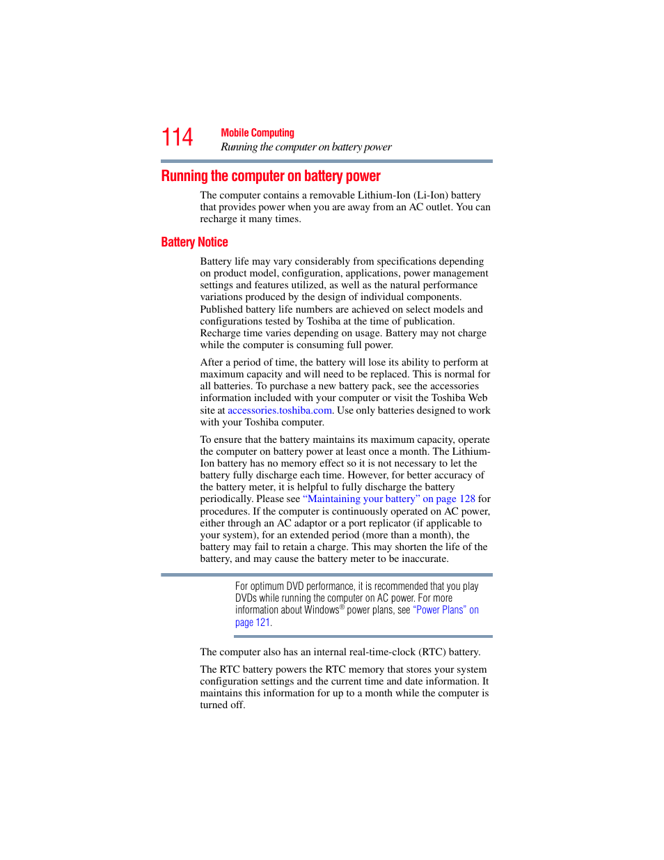 Running the computer on battery power, Battery notice | Toshiba SATELLITE P500 User Manual | Page 114 / 254