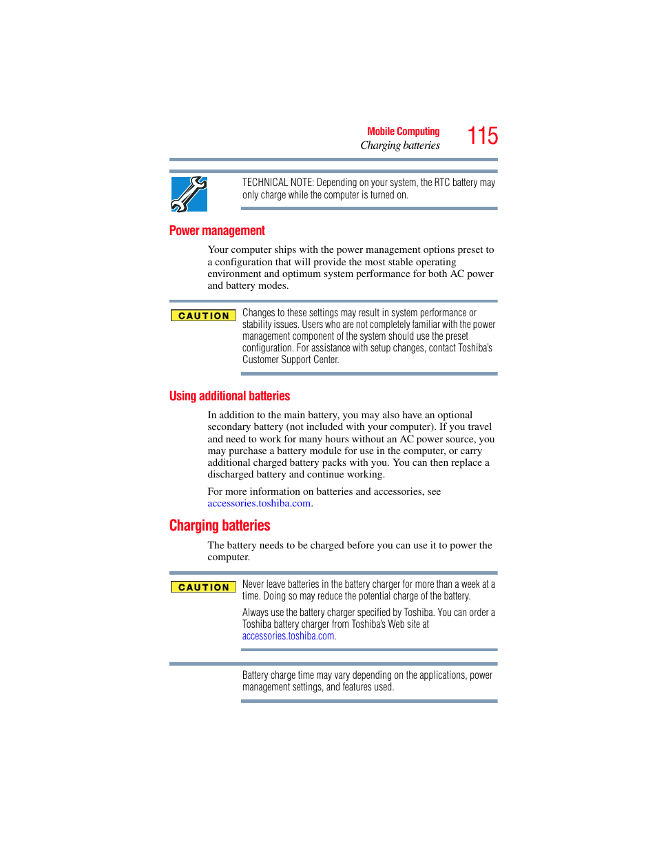 Power management, Using additional batteries, Charging batteries | Power management using additional batteries | Toshiba SATELLITE P500 User Manual | Page 115 / 254
