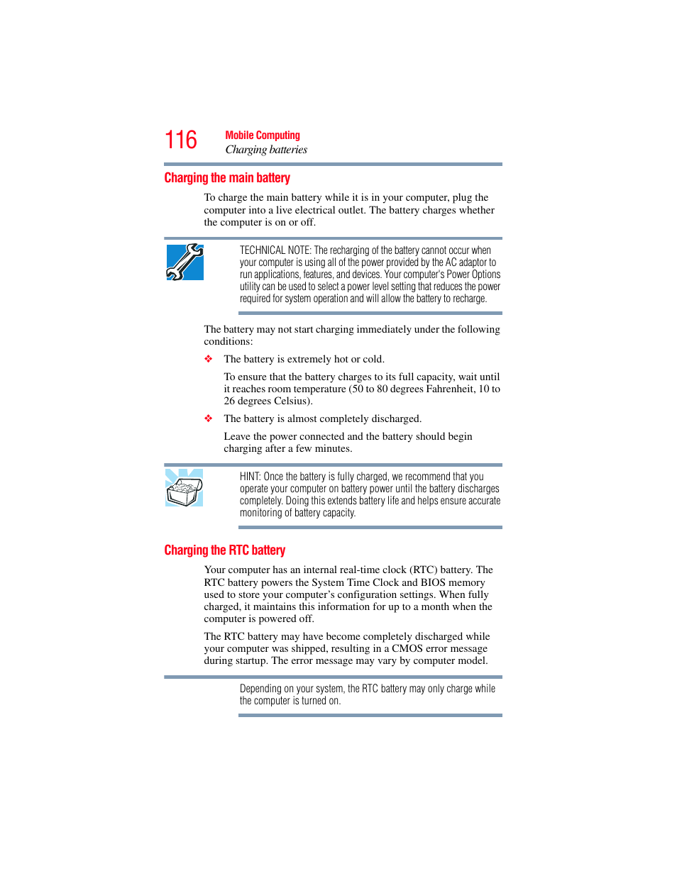 Charging the main battery, Charging the rtc battery, Charging the main battery charging the rtc battery | Toshiba SATELLITE P500 User Manual | Page 116 / 254