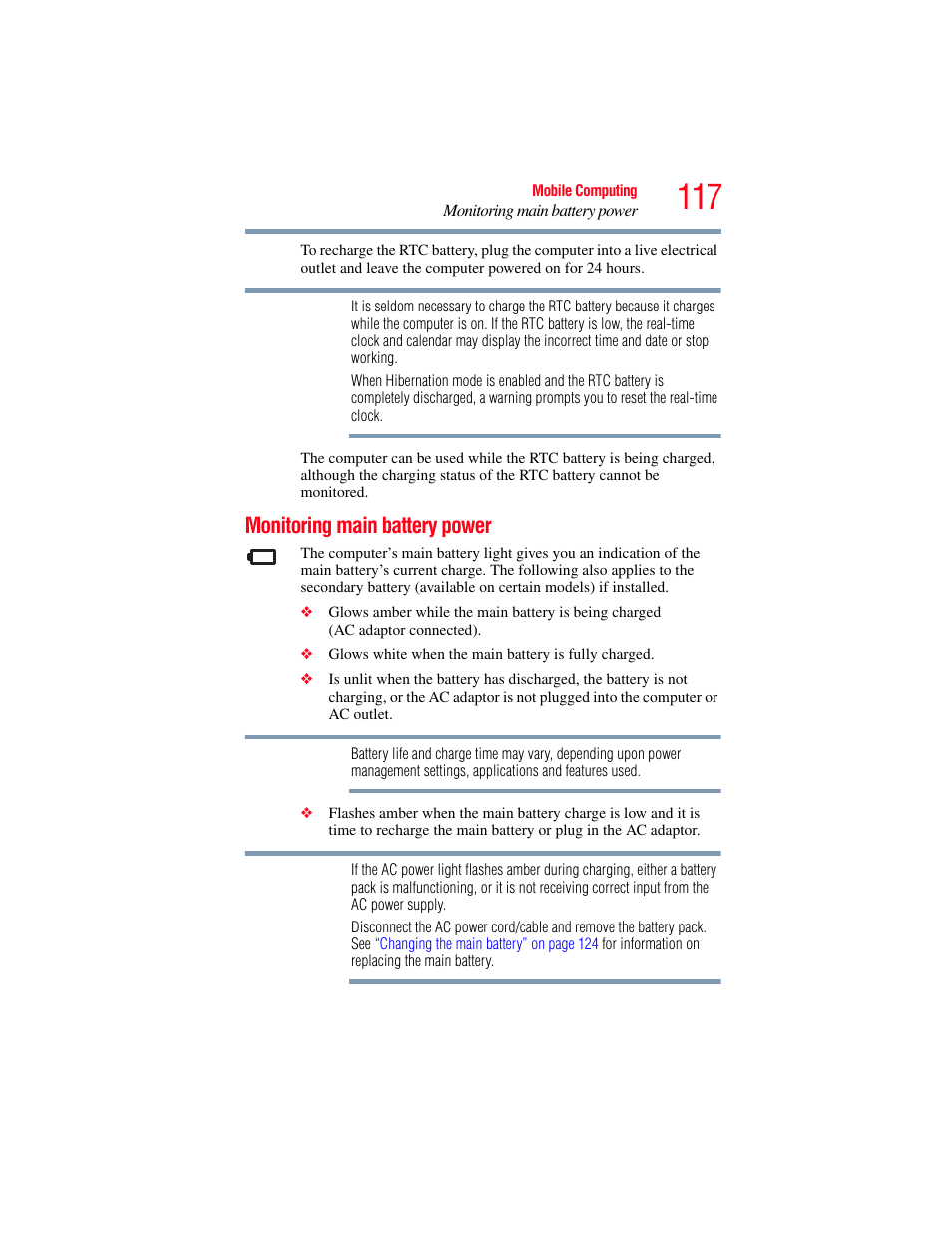 Monitoring main battery power | Toshiba SATELLITE P500 User Manual | Page 117 / 254