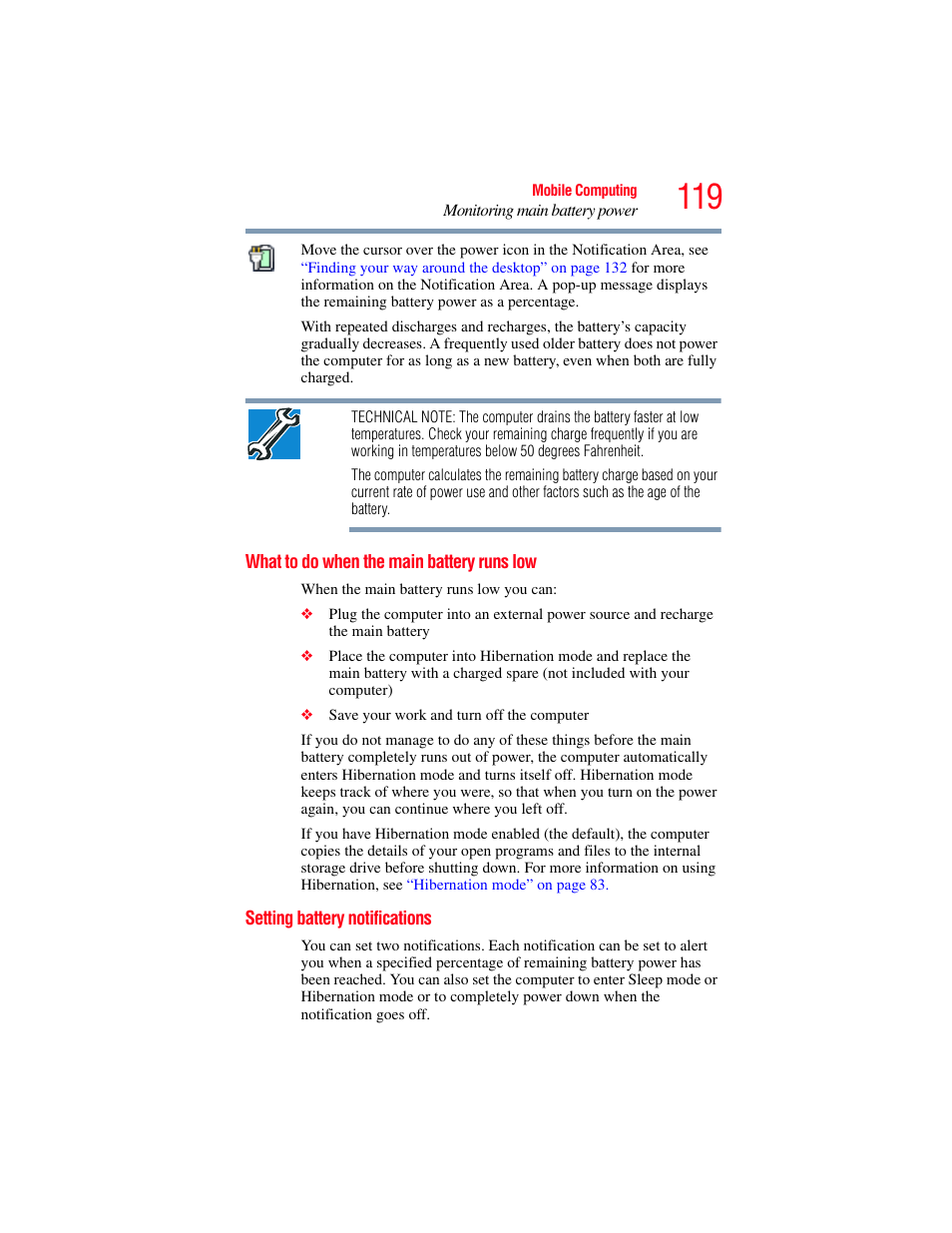 What to do when the main battery runs low, Setting battery notifications | Toshiba SATELLITE P500 User Manual | Page 119 / 254