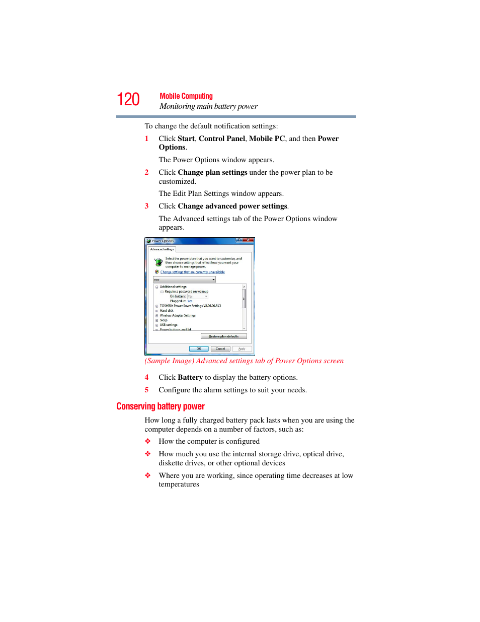 Conserving battery power | Toshiba SATELLITE P500 User Manual | Page 120 / 254